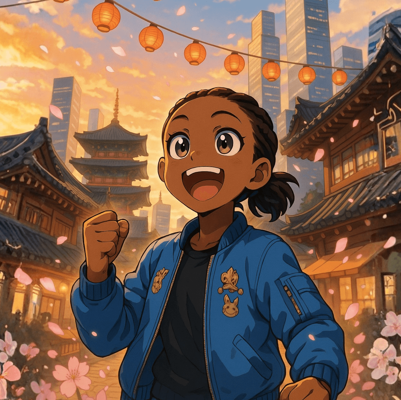 Olivia smiling in a Korean-inspired city scene